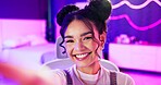 Content creator, girl and selfie, face or live streaming in neon bedroom for social media followers, fans or audience. Excited and gen z influencer or streamer in makeup, beauty and cosmetics at home