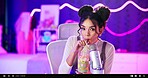 Streamer, drink and portrait of woman with microphone, neon ring light and ASMR in home studio. Product review, influencer or happy girl recording video for sound therapy in live stream with smoothie