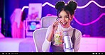 Video, influencer and portrait of woman with drink, microphone or neon light for ASMR in home studio. Content creator, streamer or happy girl in live stream with smile, product review and green juice