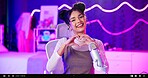 Streamer, portrait and woman with microphone, heart hands and neon light and happy influencer in home studio. Love, emoji and content creator girl in video live stream for like, subscribe and follow