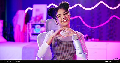 Buy stock photo Streamer, portrait and woman with microphone, heart hands and neon light and happy influencer in home studio. Love, emoji and content creator girl in video live stream for like, subscribe and follow