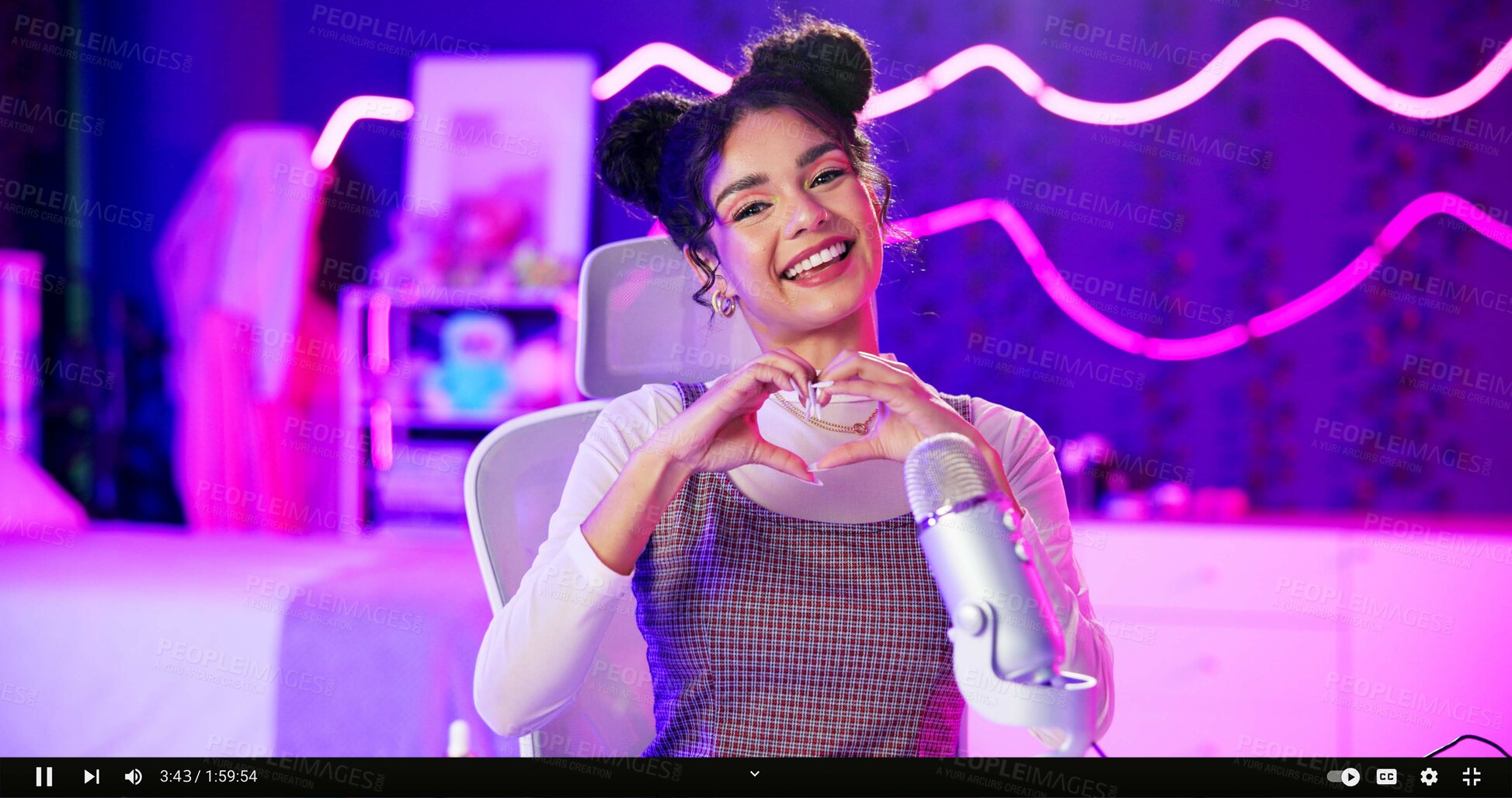 Buy stock photo Streamer, portrait and woman with microphone, heart hands and neon light and happy influencer in home studio. Love, emoji and content creator girl in video live stream for like, subscribe and follow