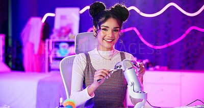 Home, studio and portrait of woman with microphone, ASMR and neon light for happy content creator. Influencer, streamer or girl recording video for sound therapy, live stream and audio production.