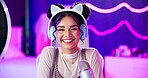 Happy, neon and portrait of girl with microphone for podcast, live streaming and radio broadcast at night. Content creation, influencer and woman for social media, online entertainment and talk show