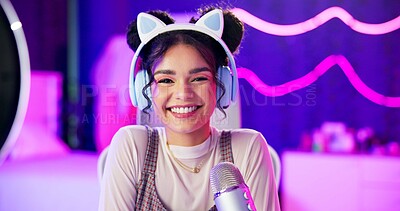 Buy stock photo Happy, neon and portrait of girl with microphone for podcast, live streaming and radio broadcast at night. Content creation, influencer and woman for social media, online entertainment and talk show