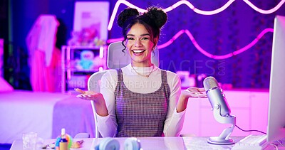 Buy stock photo Influencer, neon and portrait of girl with microphone for podcast, live streaming and radio broadcast at night. Content creation, audio and happy woman for social media, online or home talk show