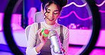 Sound, recording and woman with microphone, ASMR video production and neon ring light for content creation. Podcast, streamer or influencer girl with audio art, therapy or live stream in home studio