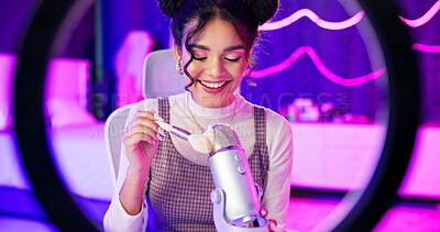 Buy stock photo Brush, sound and woman with microphone, ASMR video production or neon ring light for content creation. Smile, streamer or influencer girl in audio art, therapy or live stream in home recording studio