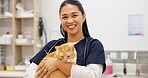 Cat, portrait and veterinarian in animal hospital for healthcare, medical or pet treatment. Doctor, medicine and smile with professional person in clinic for consulting or veterinary recovery