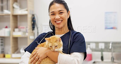 Buy stock photo Cat, portrait and veterinarian in animal hospital for healthcare, medical or pet treatment. Doctor, medicine and smile with professional person in clinic for consulting or veterinary recovery