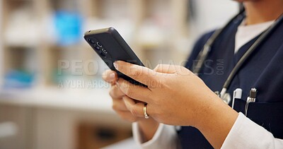 Buy stock photo Phone, hands and nurse in typing in hospital veterinary for telehealth consultation online with medical help. Animal healthcare, cellphone and veterinarian with email for diagnosis or treatment plan.