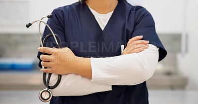 Buy stock photo Proud, healthcare and person with stethoscope in clinic for animal wellness, assessment and medical care of insurance. Doctor, arms crossed and consulting, pet healing and support of recovery service