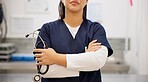 Nurse, hands and arms crossed with stethoscope in healthcare for consultation, management or life insurance. Confident, medical professional or expert for cardiovascular, cardiology or health checkup