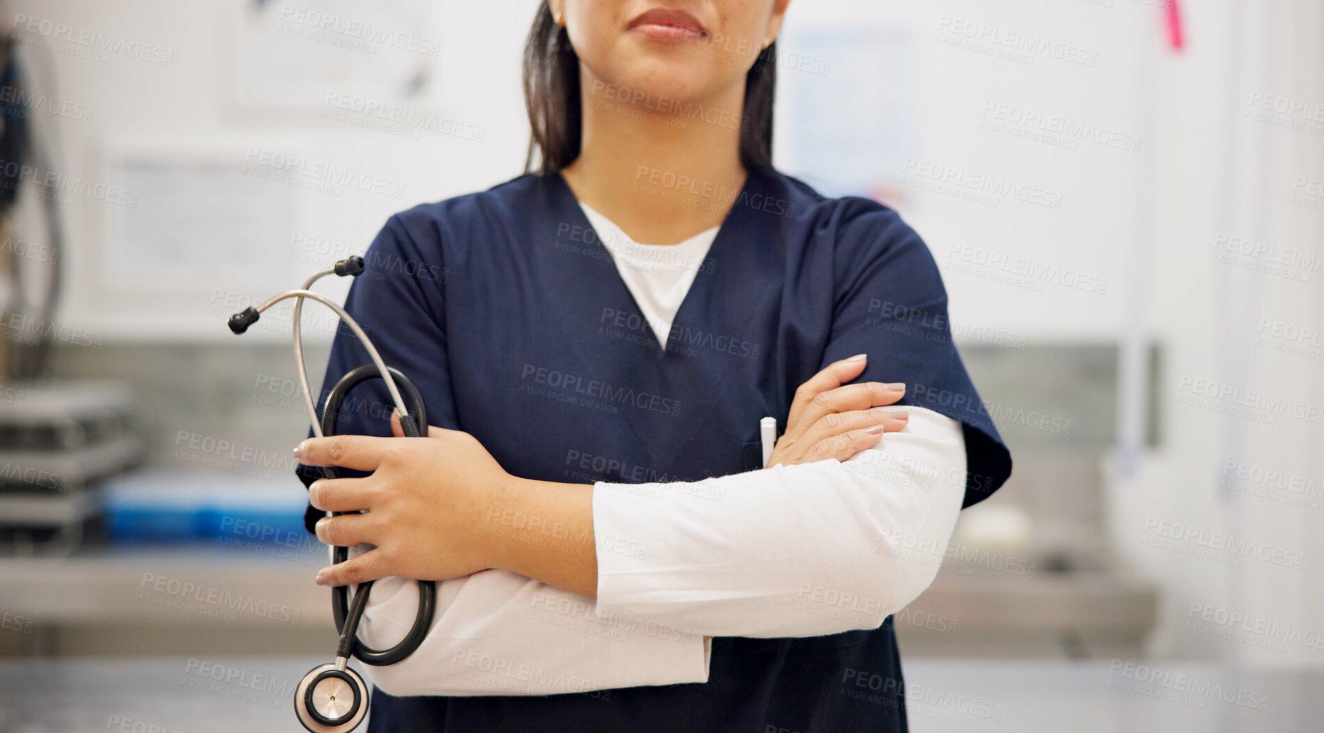 Buy stock photo Nurse, hands and arms crossed with stethoscope in healthcare for consultation, management or life insurance. Confident, medical professional or expert for cardiovascular, cardiology or health checkup