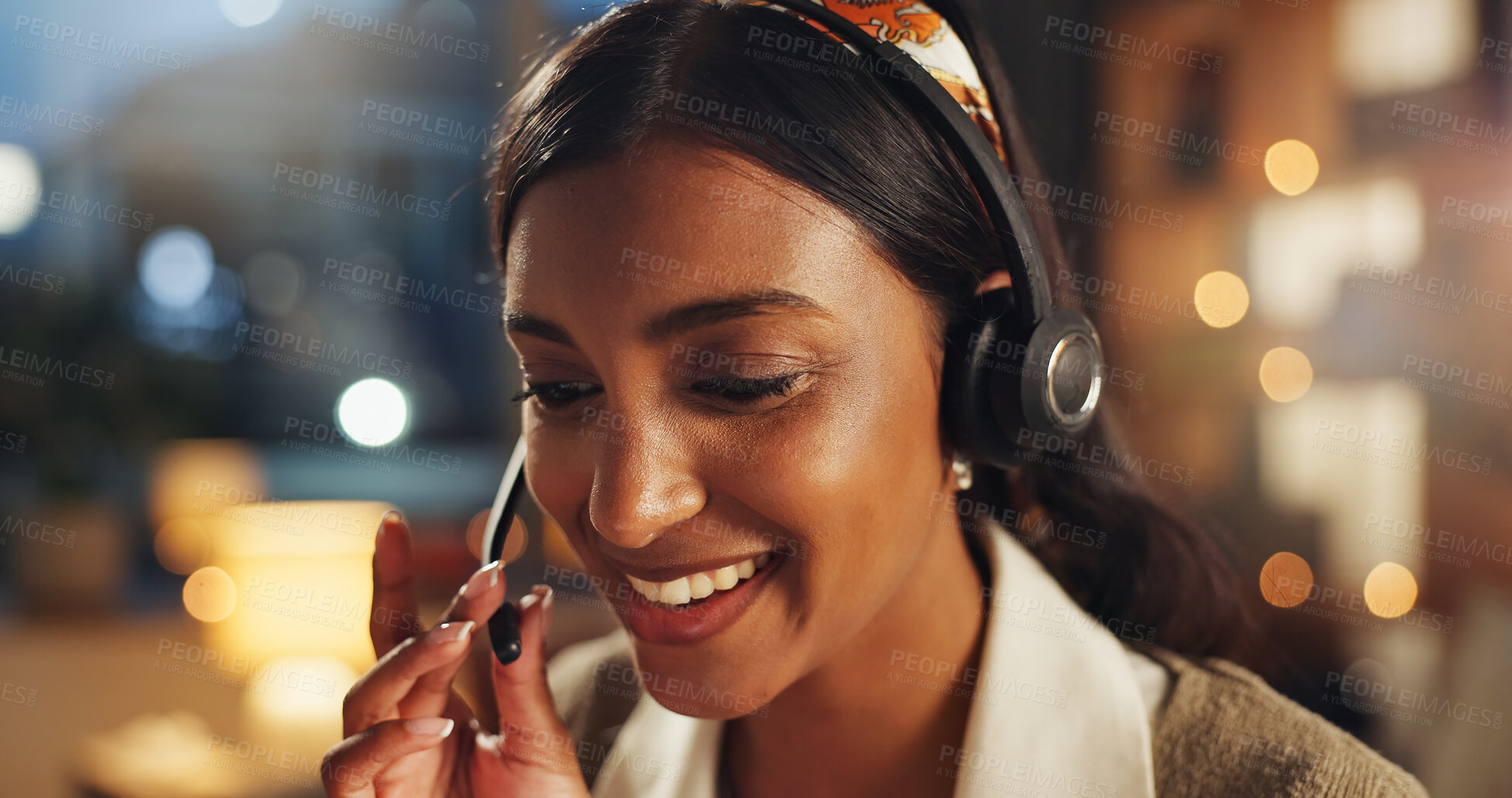 Buy stock photo Woman, happy and talking on headset for communication, telemarketing and faq consultation in call center. Female agent, smile and customer service for crm support, sales assistance and b2b networking