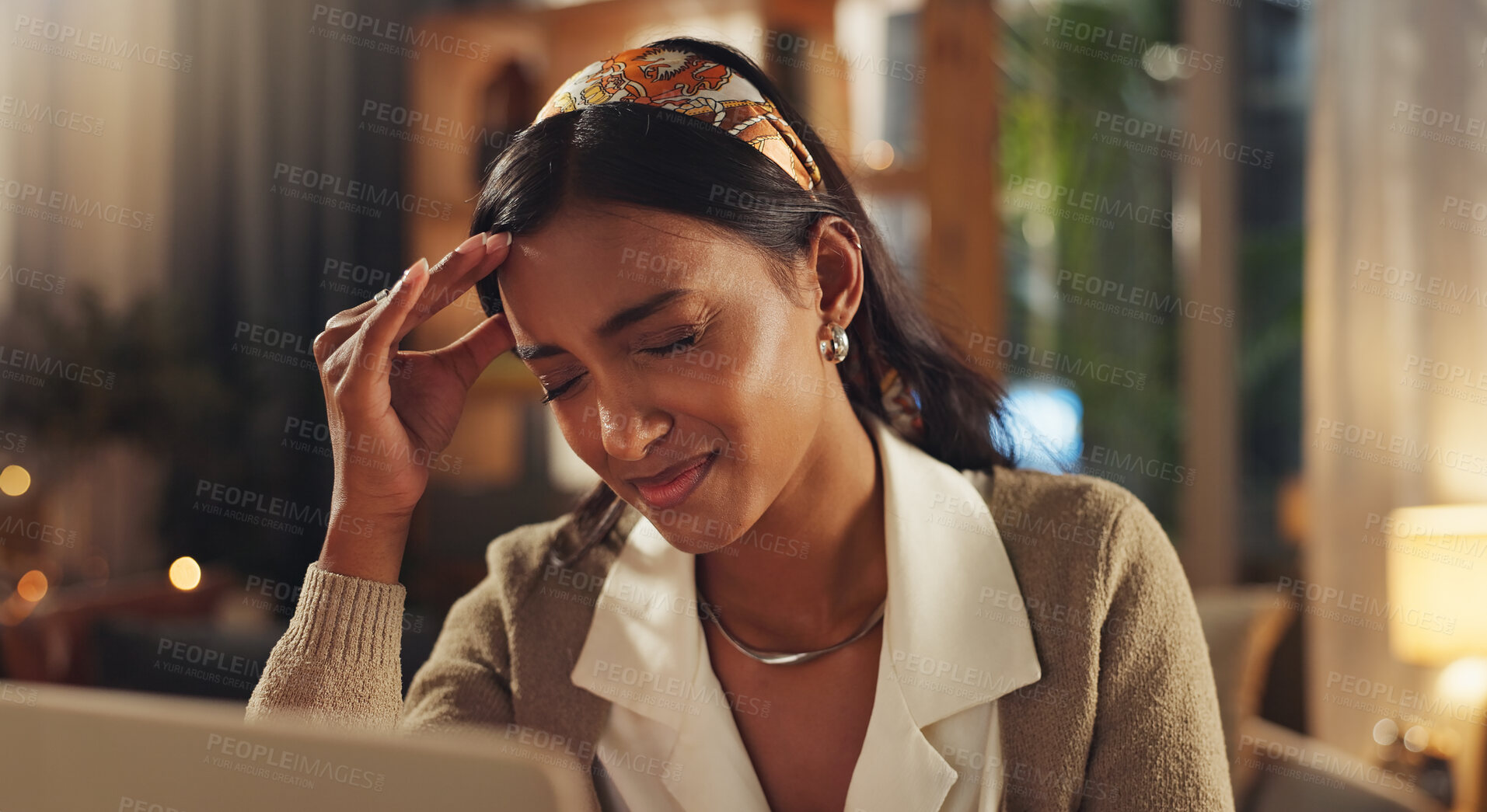 Buy stock photo Woman, stress headache and fatigue in home for debt crisis, mental health and mistake with pain. Female person, tired and frustrated for vertigo with migraine, feeling sad and upset for tax increase