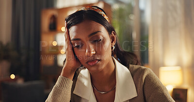 Buy stock photo Woman, thinking and hand for headache at remote work from home, pain or deadline with stress in night. Person, fatigue and burnout with idea, solution or problem solving for worry, decision or choice