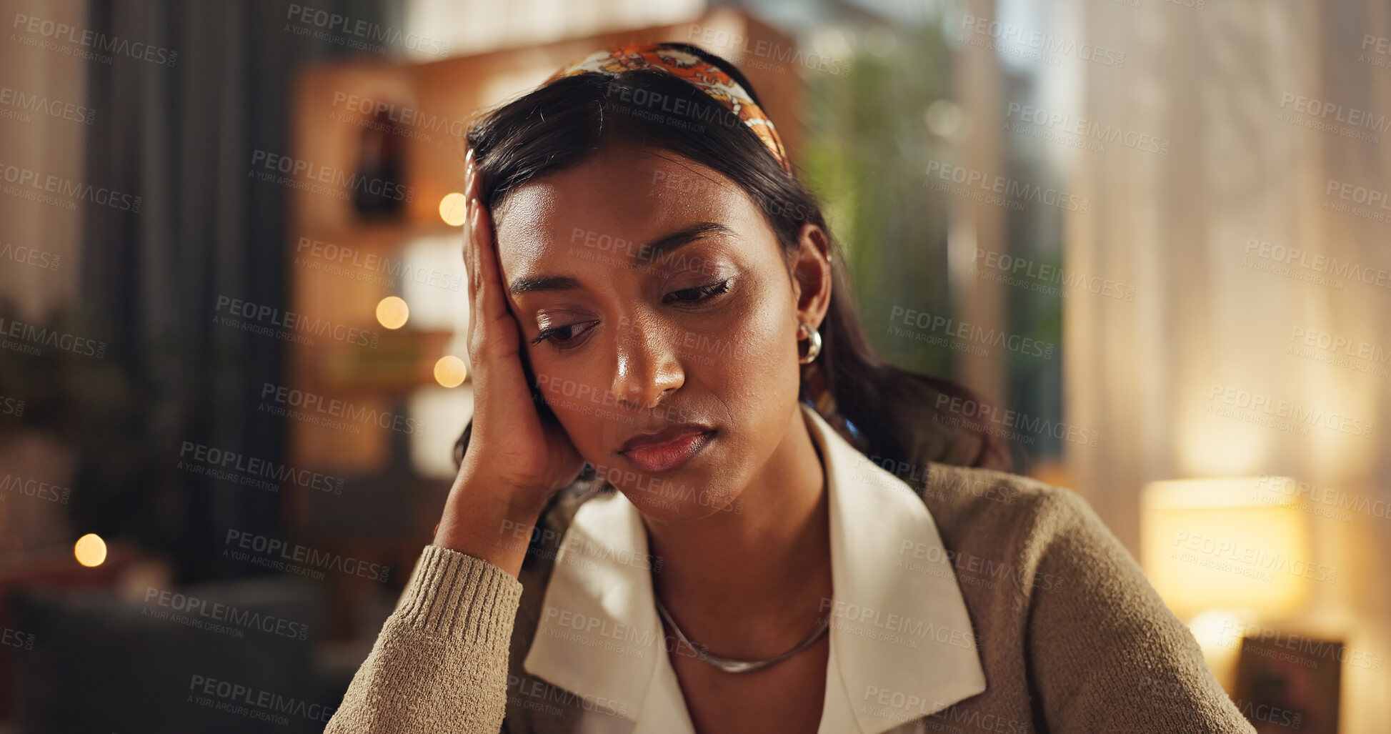 Buy stock photo Woman, thinking and hand for headache at remote work from home, pain or deadline with stress in night. Person, fatigue and burnout with idea, solution or problem solving for worry, decision or choice