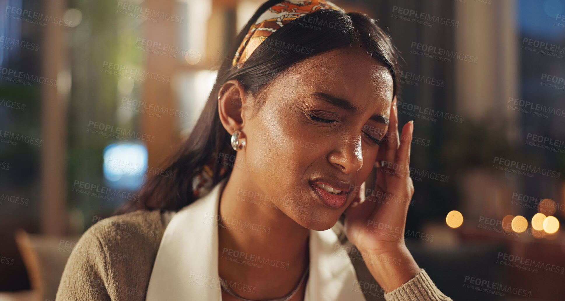 Buy stock photo Woman, stress headache and tired in home for debt crisis, mental health and mistake with pain. Female person, migraine or frustrated for vertigo with fatigue, feeling sad and upset for tax increase