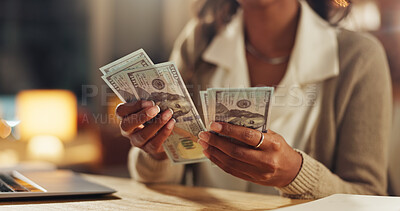 Buy stock photo Hands, home and counting cash for budget, savings or profit from trading with laptop in night. Person, money and planning for investment, bills or payment with dollar, decision and computer in house