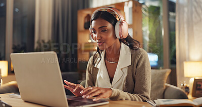 Buy stock photo Video call, laptop and woman in home office with headphones, connection and networking webinar. Smile, research and virtual assistant at desk for freelance consulting, remote work and online meeting