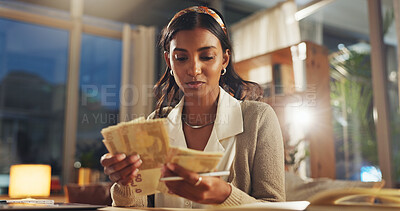 Buy stock photo Woman, bank notes and counting cash in home for monthly budget, investment and financial freedom. Female person, calculation and paper bills for growth in wealth, finance and payment for debt expense