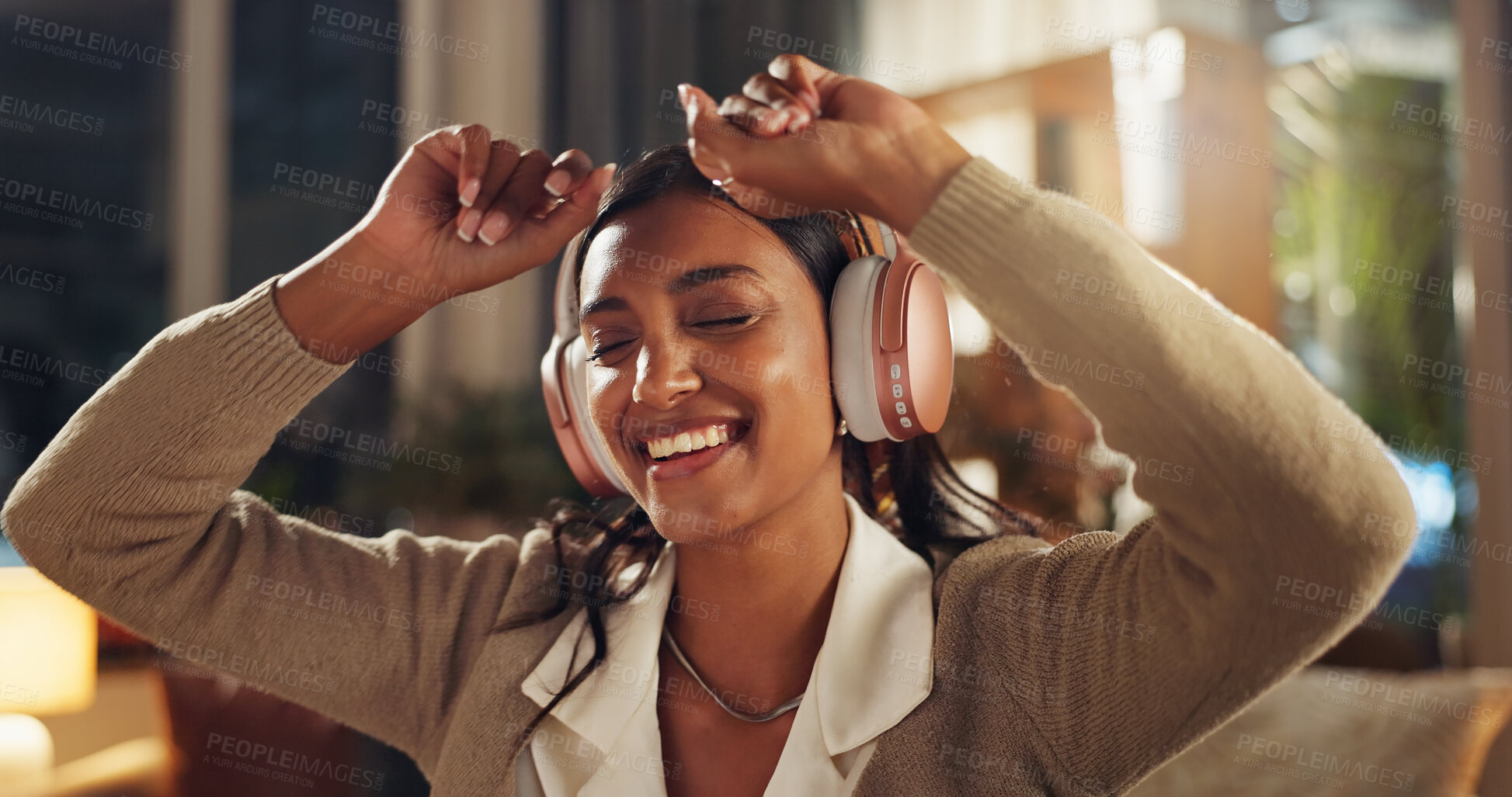 Buy stock photo Woman, dancing and headphones for streaming music with rhythm, hip hop playlist and happy for radio song in home. Female person, sound tech and smile with energy, entertainment and listening to audio