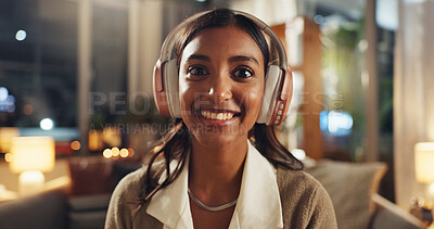 Buy stock photo Video call, portrait and woman in home office with headphones, connection or networking webinar. Smile, listening and happy face of virtual assistant for consulting, remote work and online meeting