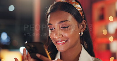 Buy stock photo Phone, smile and girl checking message, social media post or email notification in home at night. Scroll, smartphone and happy woman in apartment with mobile app for online dating, chat or connection