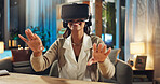 Virtual reality, goggles and woman in home at night for online games, entertainment and metaverse. Technology, hands and happy person with vr headset for AI experience, cyber network and 3d touch