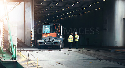 Buy stock photo Co-workers standing next to a truck on a loading dock.