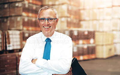 Buy stock photo Mature man, arms crossed and smile at warehouse with portrait, pride or career in supply chain management. Person, happy and job in logistics industry with cargo, distribution and storage in Portugal