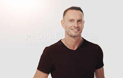 Buy stock photo Senior man, portrait and happy in studio, white background and mockup space in Australia. Happy face, handsome and confident guy, male model and relax with happiness, healthy body or mock up backdrop