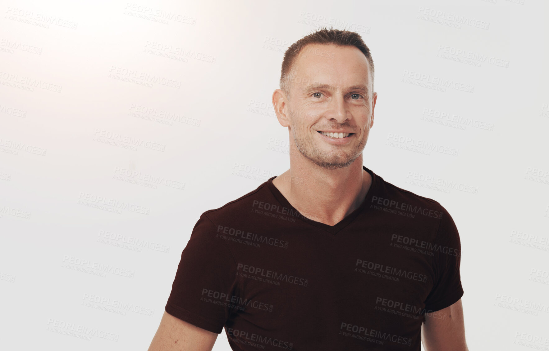 Buy stock photo Senior man, portrait and happy in studio, white background and mockup space in Australia. Happy face, handsome and confident guy, male model and relax with happiness, healthy body or mock up backdrop