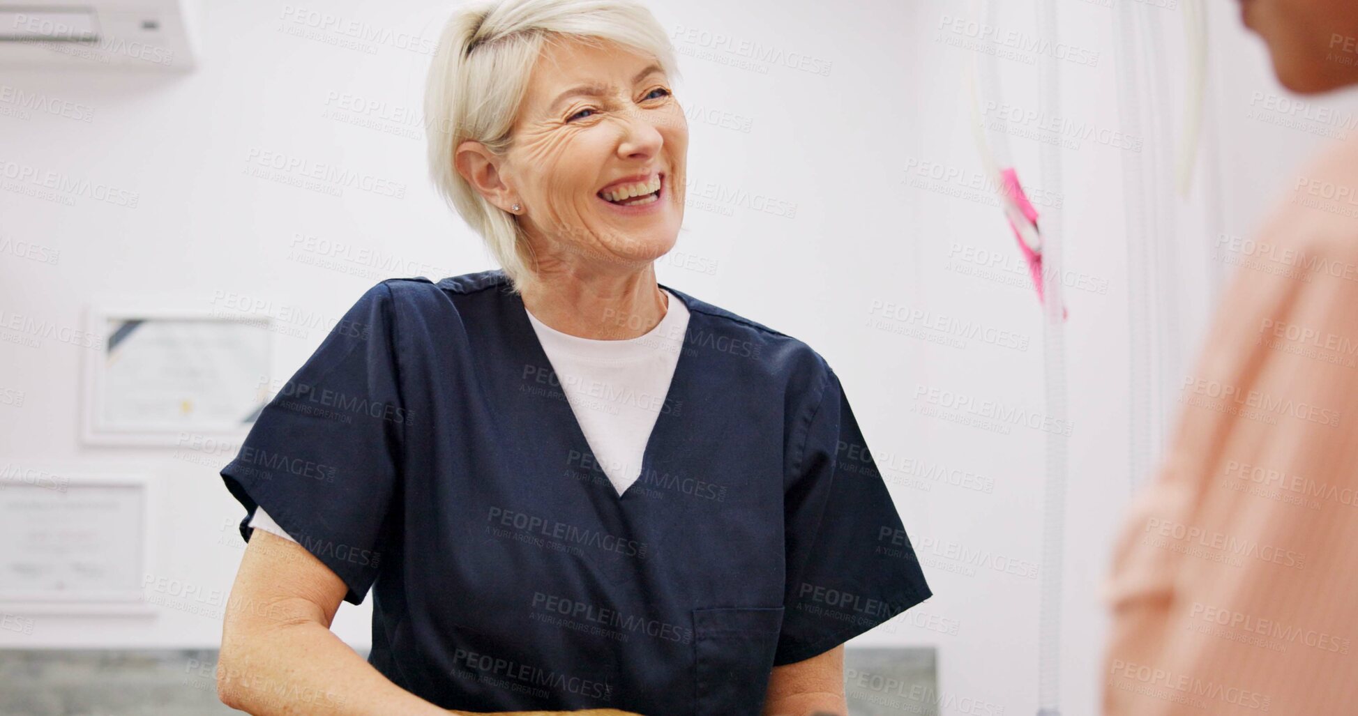 Buy stock photo Woman, veterinary and happy with pet owner in clinic for animal welfare, consultation and vaccine. People, doctor and smile in conversation for medical checkup with care, support and helping