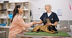 Veterinarian, handshake and woman with dog in clinic, happy and thank you gesture with owner. Pet insurance, animal healthcare and support for medical service, german shepherd and shaking hands