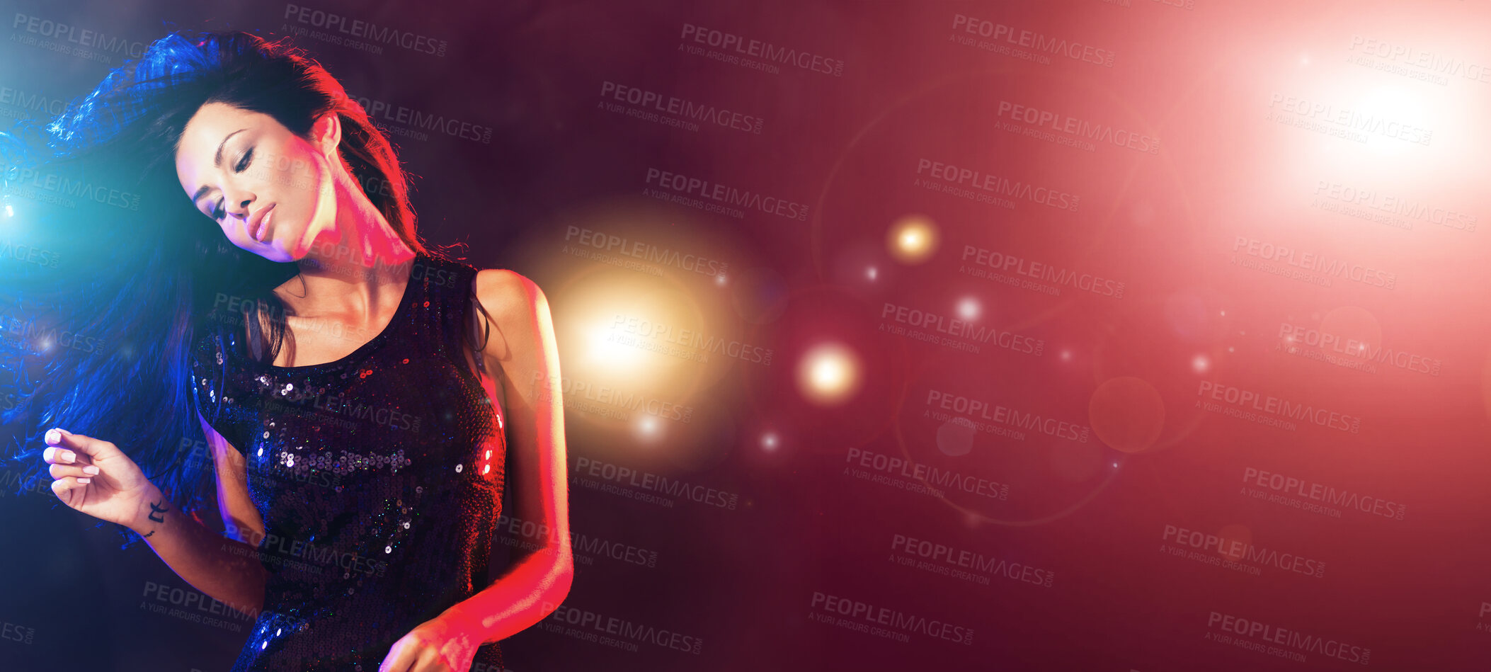 Buy stock photo Flare, nightclub and party with woman on bokeh for celebration of new year, dance or fashion. Light, music and sexy with person in dress at birthday, concert or disco event for entertainment