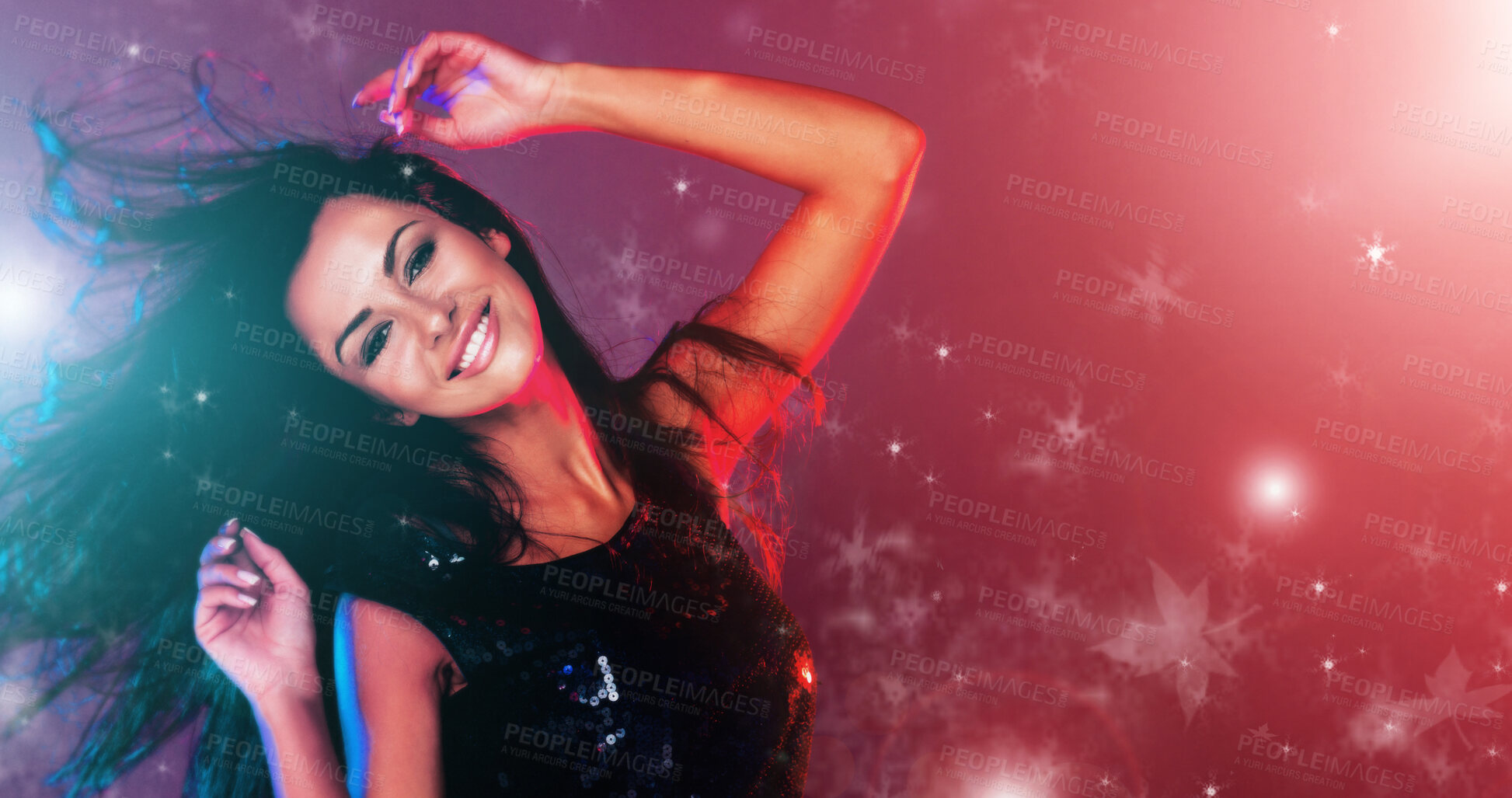 Buy stock photo Nightclub, portrait and smile of woman on bokeh for celebration of new year, dance or party. Fashion, music and sexy with happy person in dress at birthday, concert or disco event for entertainment