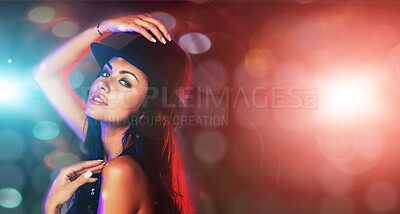 Buy stock photo Hat, nightclub and portrait of woman on bokeh for celebration of new year, dance or fashion. Music, party and sexy with confident person in dress at birthday, concert or disco event for entertainment