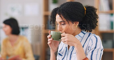 Buy stock photo Coffee, entrepreneur and woman in office, morning and fashion designer with drink, break and startup. Tea, working and thinking of idea for small business, person and dream of opportunity or creative