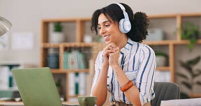 Buy stock photo Video call, smile and woman with headphones, listen and interview for web designer, online and coffee. Laptop, communication and happy for employment in home office, digital or remote work in morning