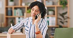 Phone call, boxes and writing with smile, woman and small business of ecommerce, entrepreneur and listening. Office, startup and person with communication, storage and digital for shop and web
