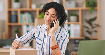 Buy stock photo Phone call, boxes and writing with smile, woman and small business of ecommerce, entrepreneur and listening. Office, startup and person with communication, storage and digital for shop and web