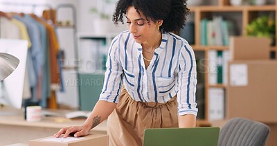 Buy stock photo Online, order and package check with laptop, small business and woman with shipping box. Sale, ecommerce and startup with fashion shop website with tech and delivery info inspection for courier 