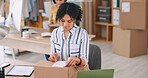 Woman, order and package check with laptop, small business and packing a shipping box. Sale, ecommerce and startup with fashion shop website with tech and delivery info inspection for courier 