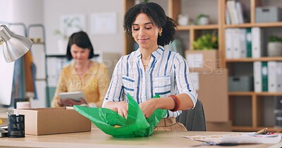 Buy stock photo Office, woman and happy with packaging for dropshipping  in small business for order and delivery. Female person, smile and satisfied with parcel for distribution, cargo and supply chain in logistics