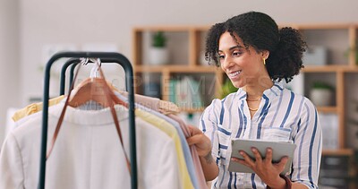 Buy stock photo Small business, happy woman or tablet at clothing for check, quality assurance or inventory for online store. Female designer, tech or stock in boutique for customer order, sales or invoice in Brazil