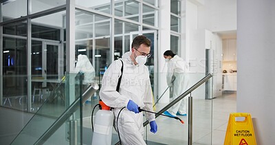 Buy stock photo Man, cleaner and fumigation for hygiene, fresh and disinfectant for virus protection and maintenance. People, ppe suit and spray for bacteria, disease and prevention in office as team in pest control