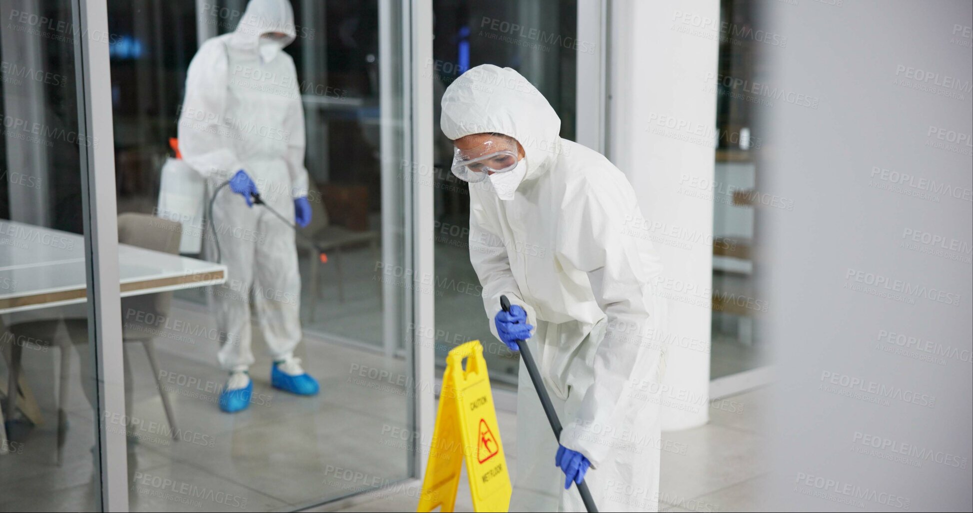 Buy stock photo Worker, cleaner and fumigation for hygiene, fresh or disinfecting for virus protection and maintenance. People, ppe suit and mop for bacteria, disease and prevention in office as team in housekeeping