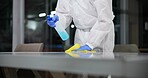 Cleaner, cleaning table and person in office for fumigation, spray disinfect and safety suit from disease risk in building. Maintenance, chemical liquid and pest control of health, hygiene and virus